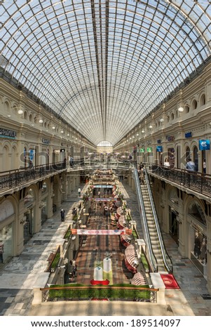 MOSCOW, RUSSIA - APRIL 21 , 2014: Main Universal Store (GUM) on the Red Square in Moscow, Russia. There are 200 stores and it is popular among international tourists.