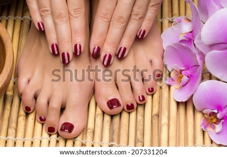 Pedicure and manicure in the salon spa, hand and feet care