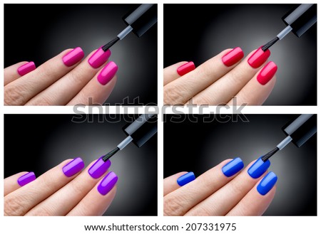 Set of Beautiful manicure process. Nail polish being applied to hand, polish is a pink, blue,red,violet color. Black background closeup.
