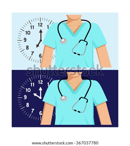 Flat vector images of two doctors with a clocks behind them - one with a day-time background and the other a night-time background