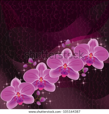 Invitation or greeting card dark red with exotic flower purple orchid, luxury floral background with decorative elements. Place for text. Vector illustration
