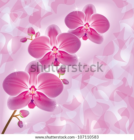 Invitation or greeting card with flower purple orchid, luxury floral background in retro or grunge style. Place for text. Vector illustration