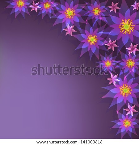 Greeting or invitation card with flowers. Abstract floral purple background with colorful flowers lilies. Place for text, vector illustration