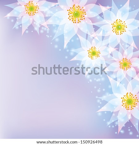 Greeting or invitation card with flowers. Purple abstract floral background with place for text. Vector background