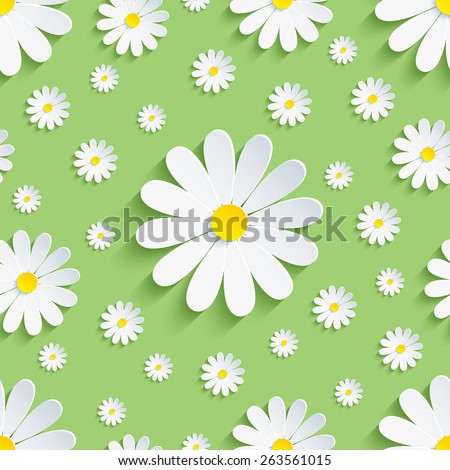 Beautiful spring nature background seamless pattern green with white 3d flower chamomile. Floral trendy stylish wallpaper. Vector illustration