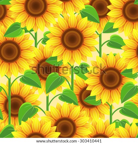Beautiful bright nature background seamless pattern yellow with sunflowers. Floral seamless pattern with stylized summer flowers and leaves. Trendy romantic stylish wallpaper. Vector illustration
