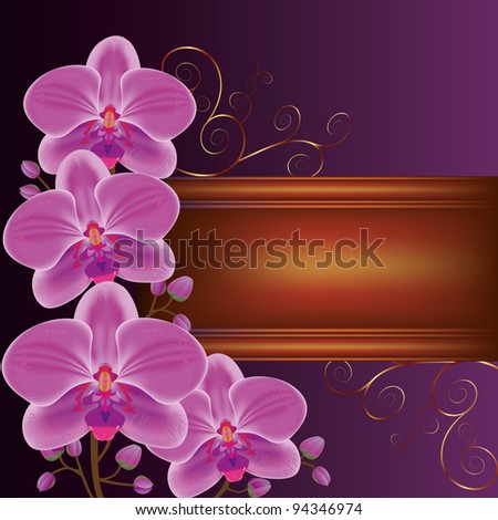 Background with exotic flower orchids, decorated with golden curls. Place for text