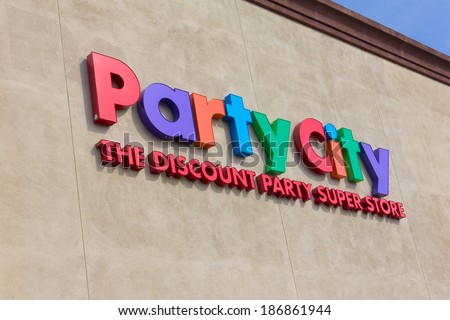 SALINAS, CA/USA - APRIL 8, 2014:   Party City store exterior sign . Party City is an American retail chain of party supply stores and the largest retailer of party goods in the United States.