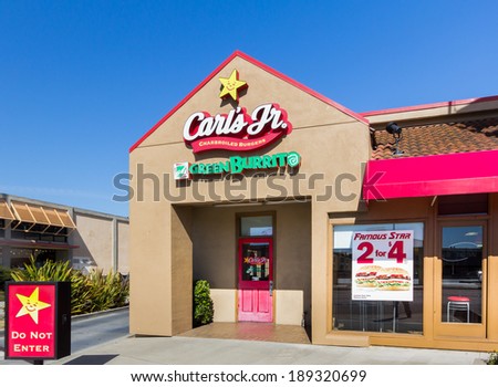 SEASIDE, CA/USA - APRIL 23, 2014:  Carl\'s Jr. Restaurant exterior. Carl\'s Jr., an American-based fast-food restaurant chain with locations in the Western and Southwestern states.
