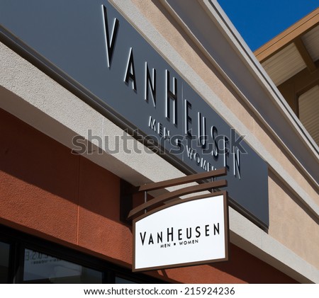 TEJON RANCH, CA/USA - SEPTEMBER 8, 2014: Van Heusen store exterior and logo. Van Heusen is owned by PVH Corporporation, an American clothing company.