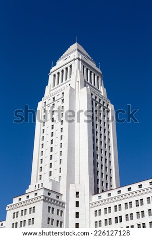 LOS ANGELES, CA/USA - SEPTEMBER 30, 2014: Los Angeles City Hall. Los Angeles City Hall houses the mayor\'s office and the meeting chambers and offices of the Los Angeles City Council.