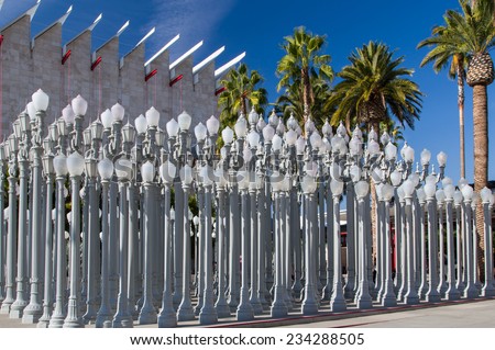 LOS ANGELES, CA/USA - NOVEMBER 29, 2014:  Urban Light sculpture at the Los Angeles County Museum of Art. The Los Angeles County Museum of Art is an art museum in Los Angeles.