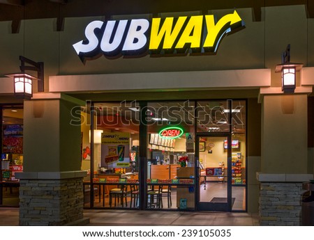 SANTA CLARITA, CA/USA - DECEMBER 18, 2014:  Subway Restauraut exterior. Subway is an American fast food restaurant franchise that sells submarine sandwiches and salads.