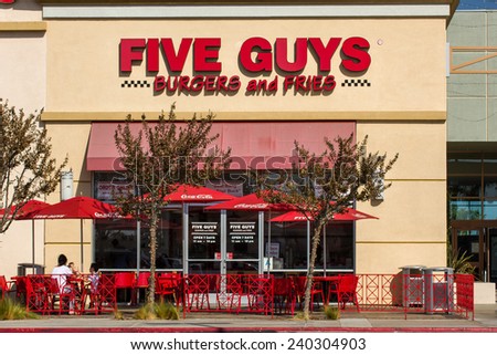 LOS ANGELES, CA/USA - OCTOBER 13, 2014: Five Guys Burgers and Fries restaurant exterior. Five Guys is a restaurant chain that serves on hamburgers, hot dogs, and French fries.