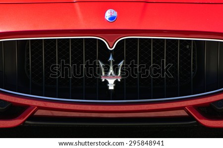 LOS ANGELES, CA/USA - JULY 11, 2015: Maserati automobile grille. Maserati is an Italian luxury car manufacturer.