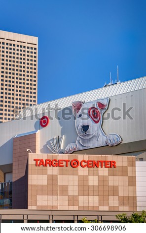 MINNEAPOLIS, MN/USA - AUGUST 11, 2015: Target Center exterior and logo. Target Center is a multi-purpose arena and home of the Minnesota Timberwolves.
