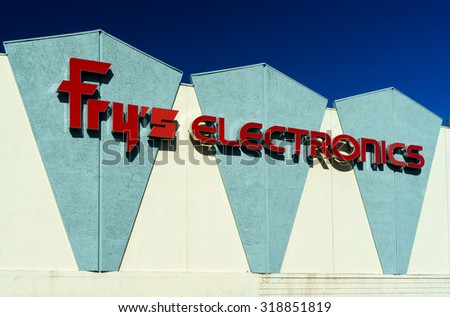 BURBANK, CA/USA - SEPTEMBER 19, 2015: Fry\'s Electronics store exterior. Fry\'s is a big-box store retailer of software, consumer electronics, household appliances and computer hardware.