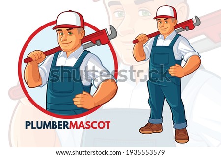 Friendly Plumber with big Wrench  Mascot Design