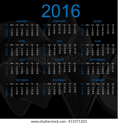 Calendar 2016 Black Stock Vector Illustration 411071203 : Shutterstock