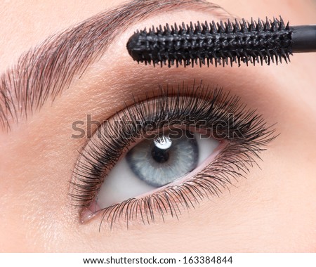 Female eye with long false eyelashes and makeup brush - over white background