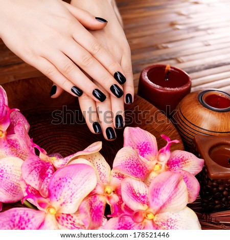 Beautiful women hands with black manicure after Spa procedures - Spa treatment concept