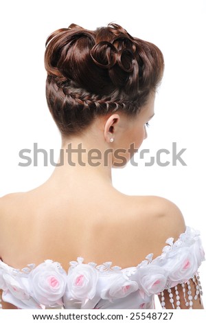Rear view of modern wedding hairstyle - elegance young bride