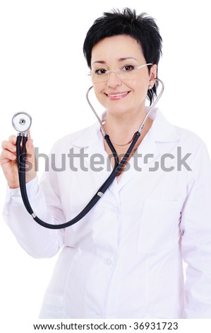 laughing attractive female doctor in hospital gown with stethoscope