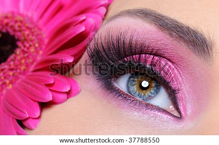 Woman eye with pink make-up and false eyelashes -   gerber flower