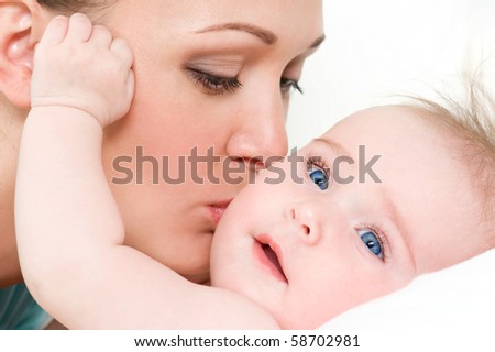 Closeup faces of young happy mother with cute newborn baby