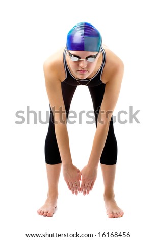 young beautiful swimmer girl in wet suit is starting isolated on white