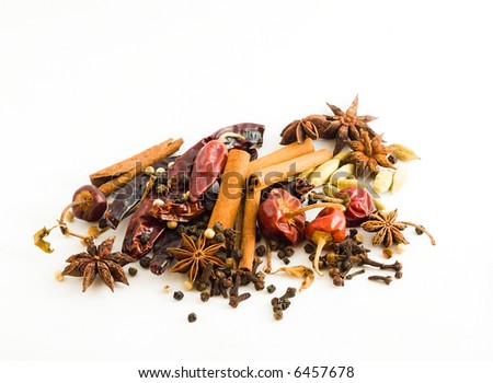 Still life of an assortment of spices, scattered and isolated on white background