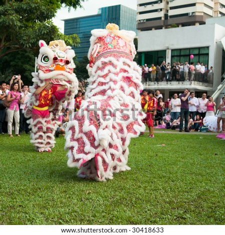 SINGAPORE - MAY 16: Lion Dance performance by Wen Yang Lion Dance at GLBT (Gay, Lesbian, Bisexual and Transgender) event, Pink Dot, held at Hong Lim Park May 16, 2009 in Singapore.