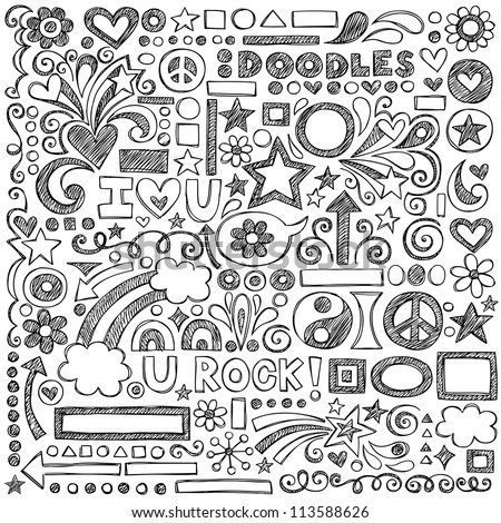 Back to School Sketchy Notebook Doodles with Flowers, Shapes, Hearts, Stars, Arrows and More- Hand-Drawn Vector Illustration Design Elements on Lined Sketchbook Paper Background