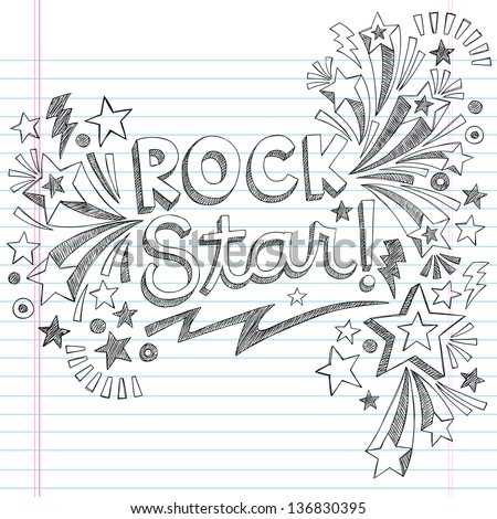 Rock Star Music Back to School Sketchy Notebook Doodles with Music Notes and Swirls- Hand-Drawn Illustration Design Elements on Lined Sketchbook Paper Background