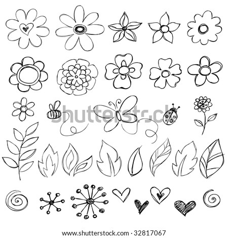 Sketchy Doodle Flowers Vector Illustration
