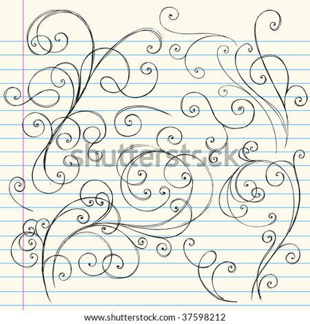 Hand-Drawn Sketchy Doodle Swirls Design Elements On Lined Notebook ...