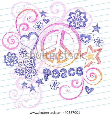 Hand-Drawn Sketchy Peace Sign Doodles with Butterfly, Hearts, Stars, and Lettering on Lined Notebook Paper Vector Illustration