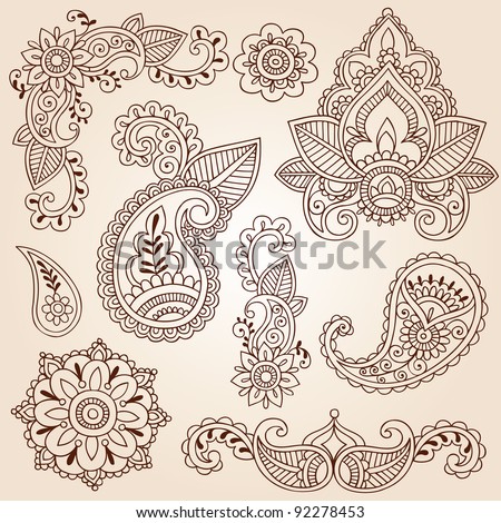 Henna Mehndi Doodles Abstract Floral Paisley Design Elements, Mandala, and Page Corner Design Vector Illustration
