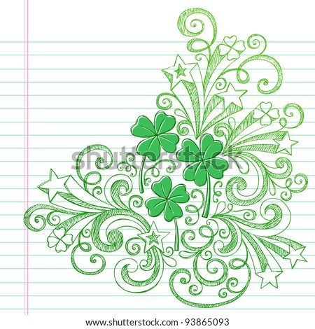 Four Leaf Clover St Patricks Day Sketchy Doodle Shamrocks Back to School Style Sketchy Notebook Doodles Vector Illustration Design Elements on Lined Sketchbook Paper Background