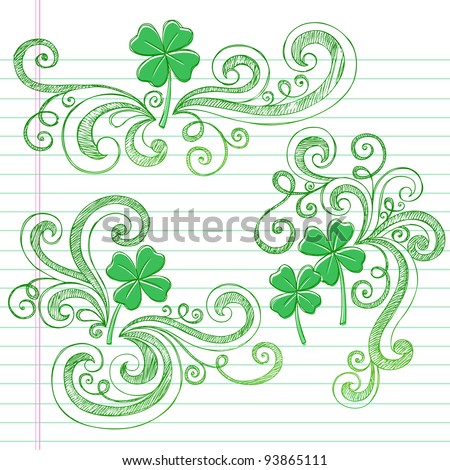 St Patricks Day Four Leaf Clover Sketchy Doodle Shamrocks Back to School Style Notebook Doodles Vector Illustration Design Elements on Lined Sketchbook Paper Background