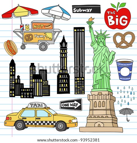 Stock Vector Illustration: New York City Manhattan Notebook Doodle Design Elements Set on Lined Sketchbook Paper Background- Hand Drawn Vector Illustration