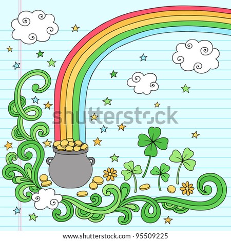 St Patrick's Day End of the Rainbow Pot of Gold Notebook Doodle Vector Illustration Design Elements on Lined Sketchbook Paper Background