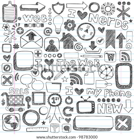 Web / Computer Doodle Icon Set - Back to School Style Sketchy Notebook Doodles Vector Illustration Design Elements on LIned Sketchbook Paper