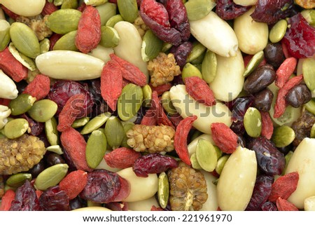 Trail mix with pumpkin seeds, dried cranberries, almonds, goji berries
