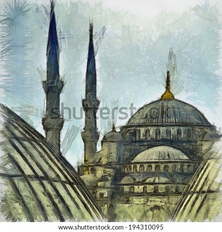 A digital drawing of the blue mosque in the turkish city of Istanbul