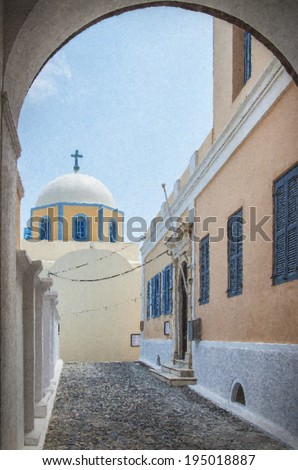 The digital painting of the catholic cathedral situated in the capital town of fira on the greek island of santorini.