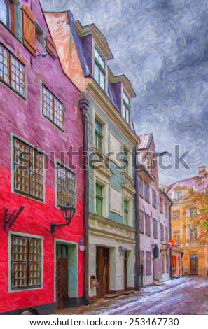 A digital painting of one of the many quaint little narrow streets in the old town region of Riga.