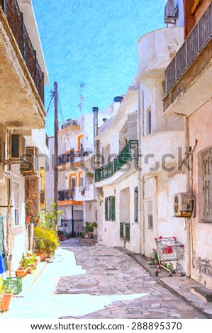 A digital painting of a street scene from the Greek town of Lerapetra on the island of Crete.