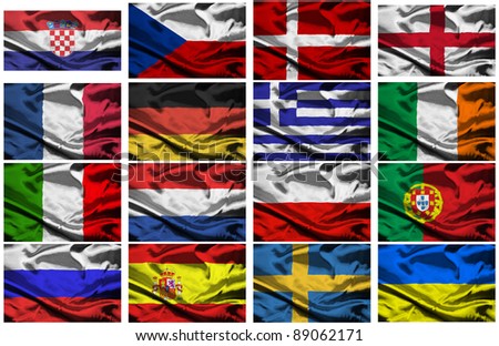 a selection of fabric flags of all the competing countries of the 2012 european championship football tournament.