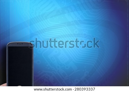 Smartphone and blue technology background. Idea for telecommunication, digital detox, carriers, accessing apps, programming binary and codes, Internet, blogs and others.